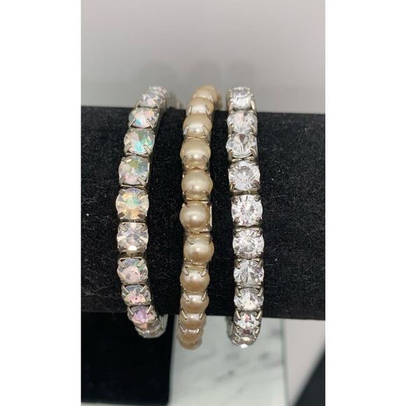 Vintage Lot Of 3 Prong Set AB & Clear Rhinestone & Faux Pearl Bracelets Stretch - Picture 2 of 7